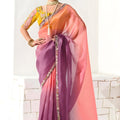  Multi Color Organza Saree in Peach Pink Purple with Embroidered Border