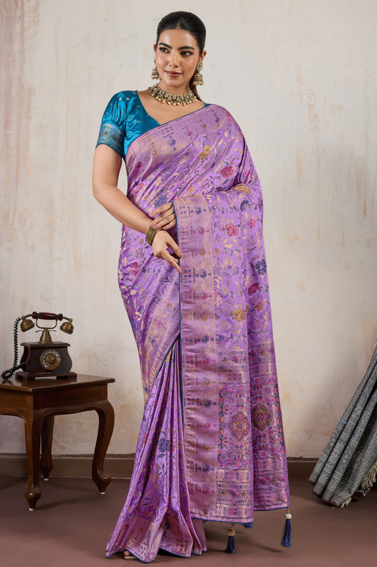 Lavender Banarasi Silk Saree with Rich Zari Floral Weaving Border 
