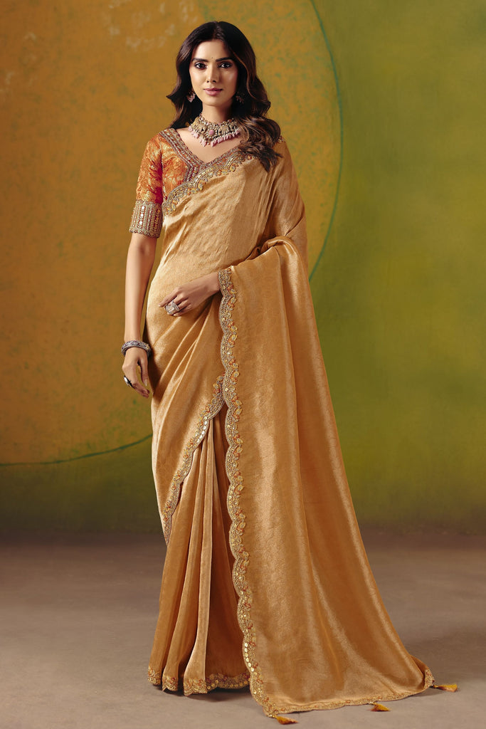 Golden Silk Saree with Embroidered Border Readymade Blouse