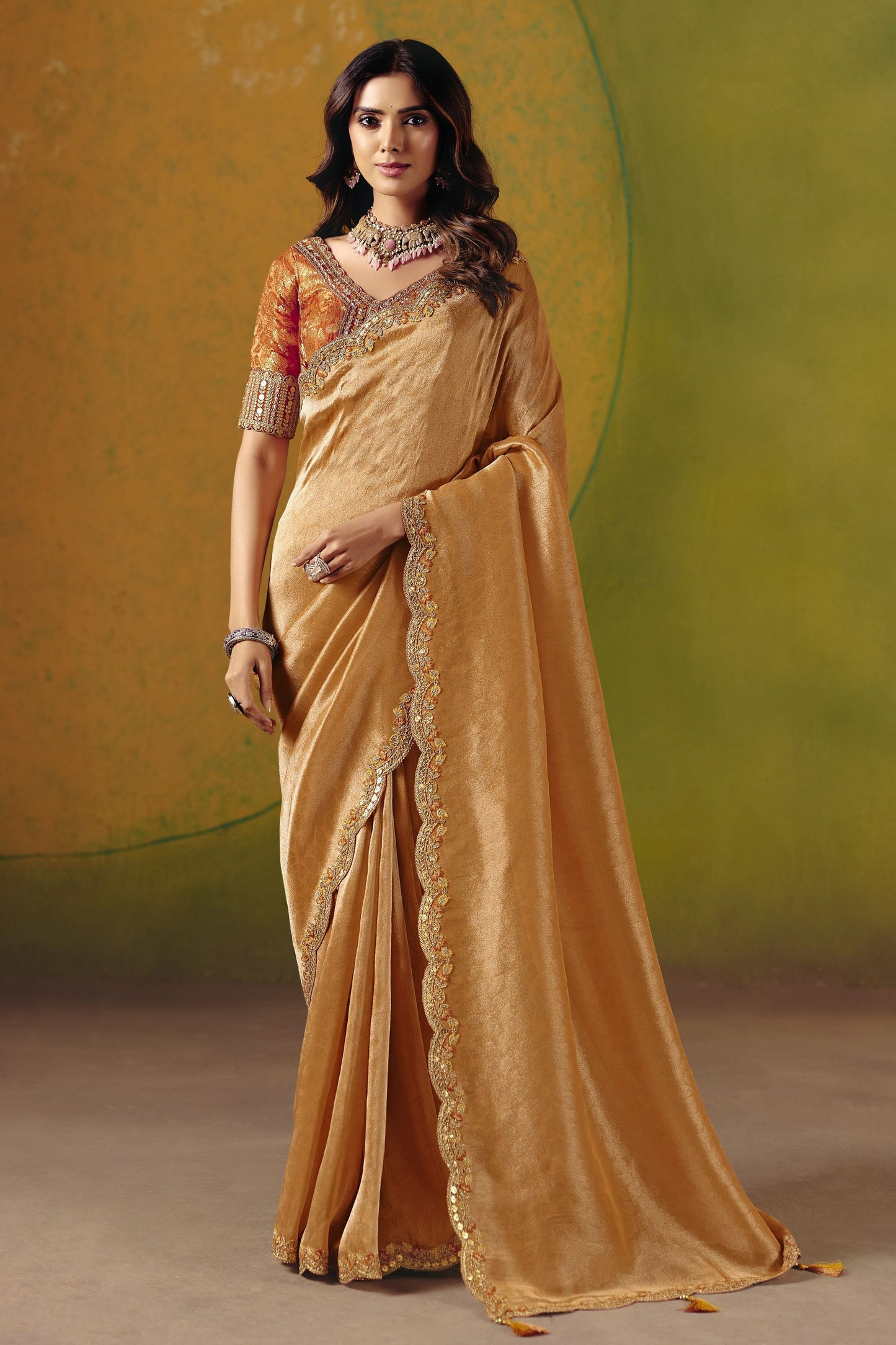 Golden Silk Saree with Embroidered Border Readymade Blouse