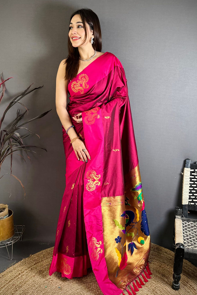 Rani Pink Soft Silk Saree with Designer Pallu and Zari Border
