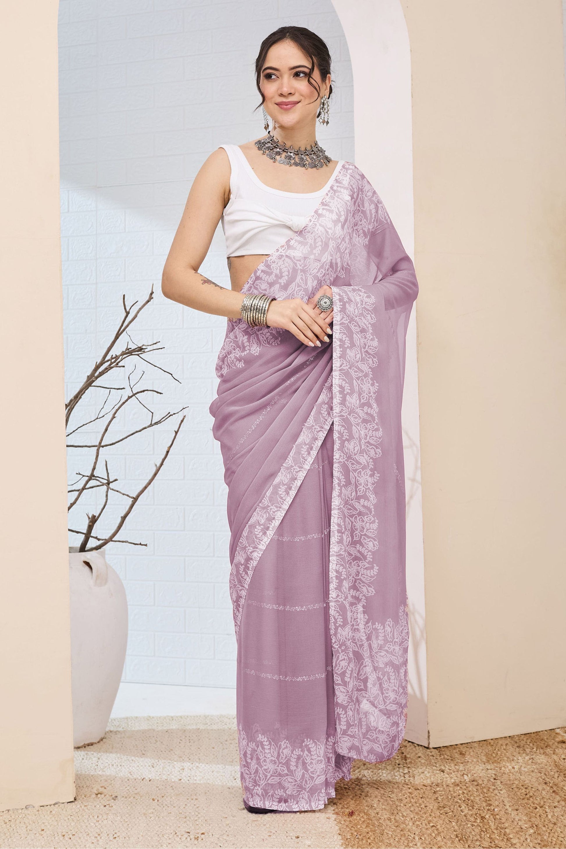 Elegant Lavender Floral Printed Saree Party Wear Saree