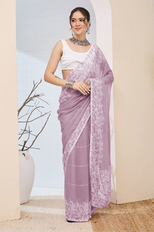 Elegant Lavender Floral Printed Saree Party Wear Saree