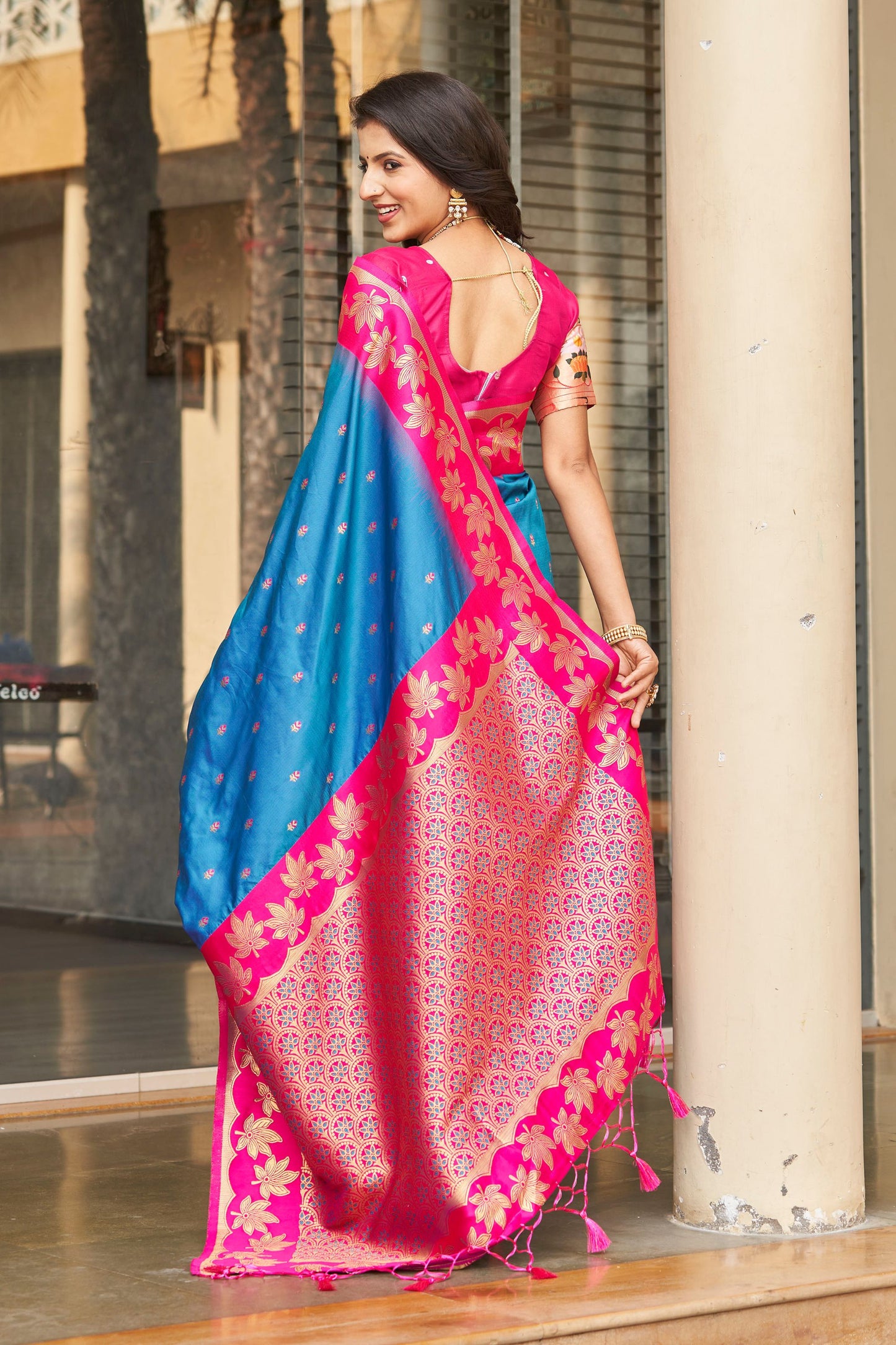 Elegant Sky Blue Silk Saree with Pink Contrast Border Floral Zari Work