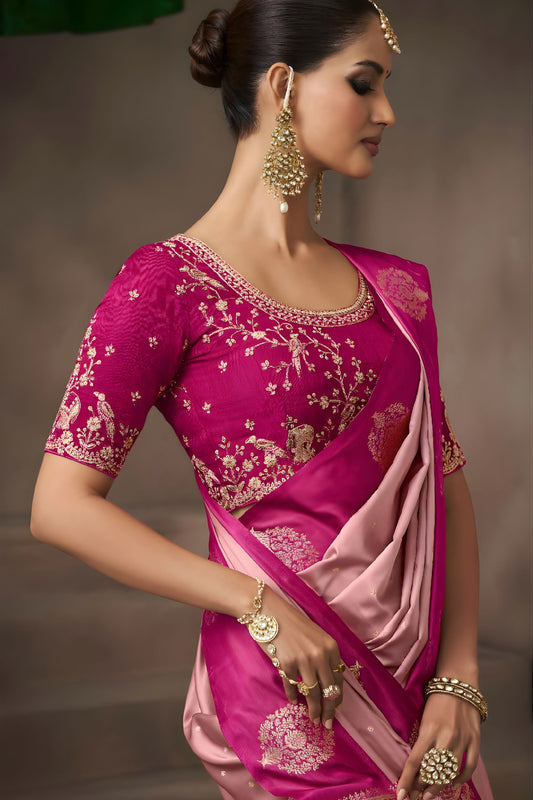 Pink Silk Saree with Contrast Rani Pink Zari Border