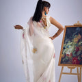 Designer Off White Organza Saree with Floral Embroidery Saree