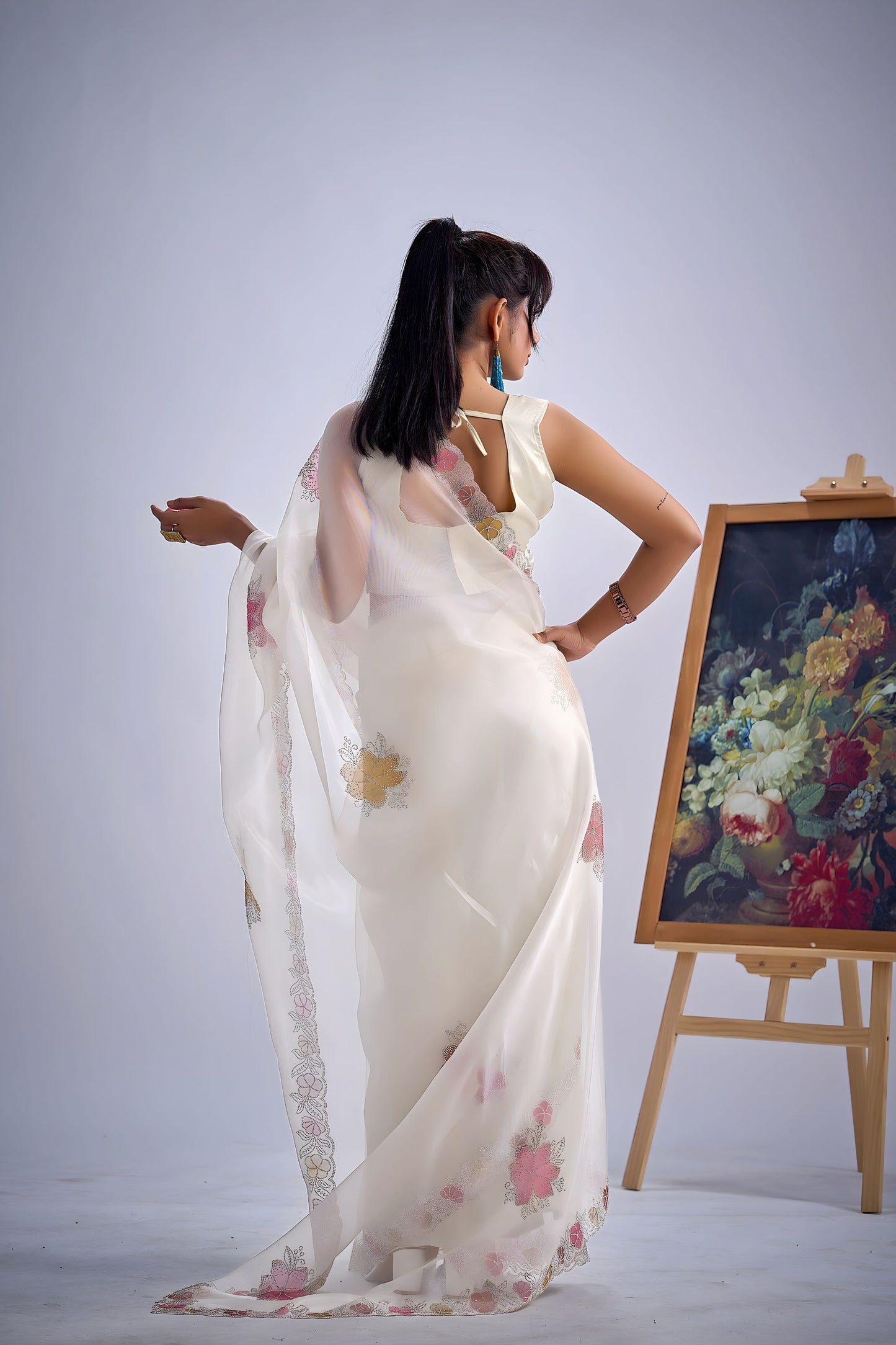 Designer Off White Organza Saree with Floral Embroidery Saree
