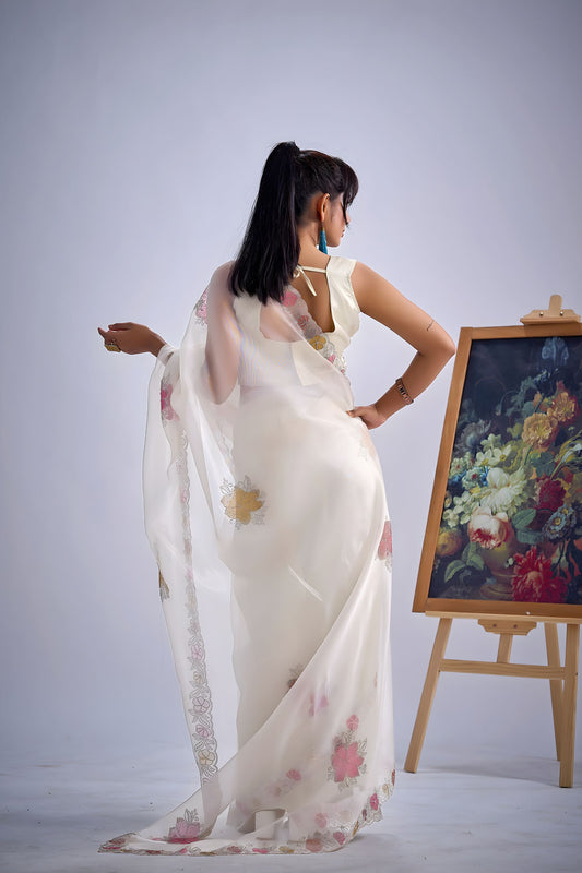 Designer Off White Organza Saree with Floral Embroidery Saree