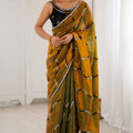  Mustard Gold Tissue Silk Saree Black Embroidered Sequin Designer Blouse