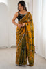  Mustard Gold Tissue Silk Saree Black Embroidered Sequin Designer Blouse