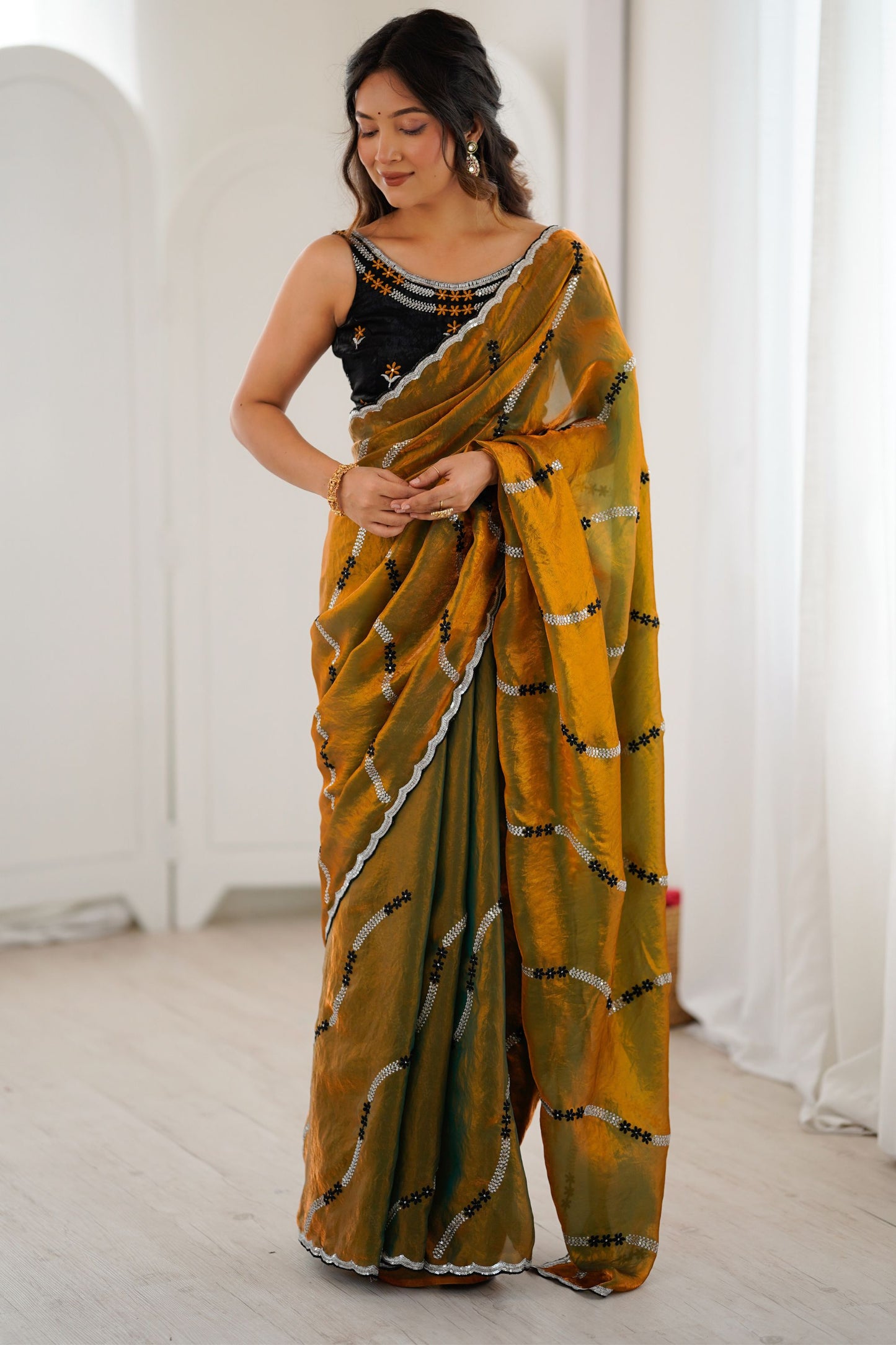  Mustard Gold Tissue Silk Saree Black Embroidered Sequin Designer Blouse