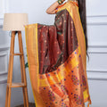 Brown Kanjivaram Silk Saree Gold Zari Border Contrast Green Pallu
