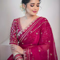 Designer Rani Pink Georgette Saree Heavy Embroidered Border Sequins Work