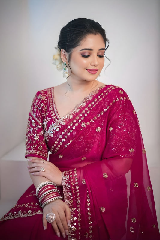 Designer Rani Pink Georgette Saree Heavy Embroidered Border Sequins Work