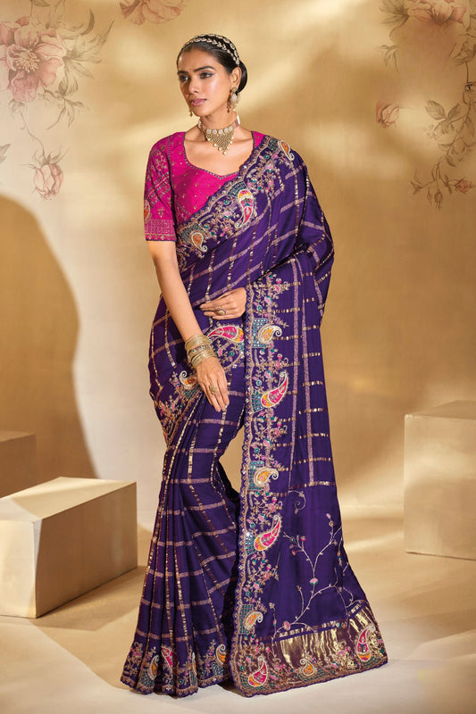 Purple Embroidered Silk Saree Traditional Festive Wear