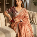 Rose Gold Tissue Silk Saree with Embroidered Border and Designer Blouse