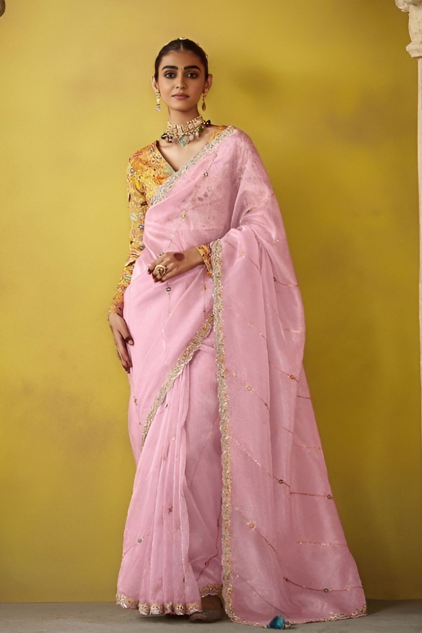 Pink Organza Saree with Embellished Border Designer Blouse