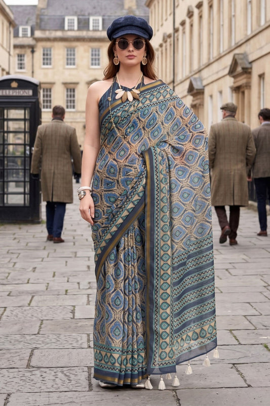 Blue Geometric Printed Cotton Saree with Tassel Pallu Designer Blouse