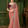 Designer Peach Net Saree Velvet Maroon Blouse