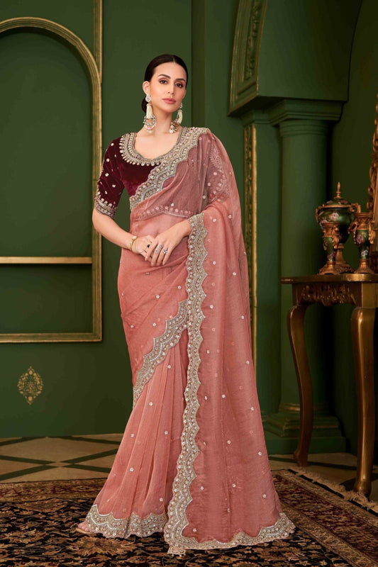 Designer Peach Net Saree Velvet Maroon Blouse