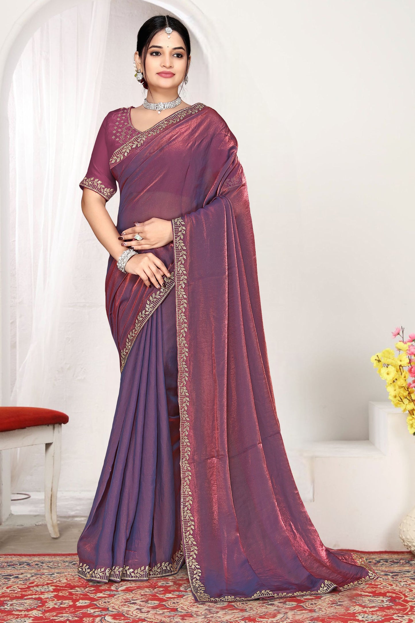  Wine Purple Silk Saree with Golden Zari Border Designer Saree