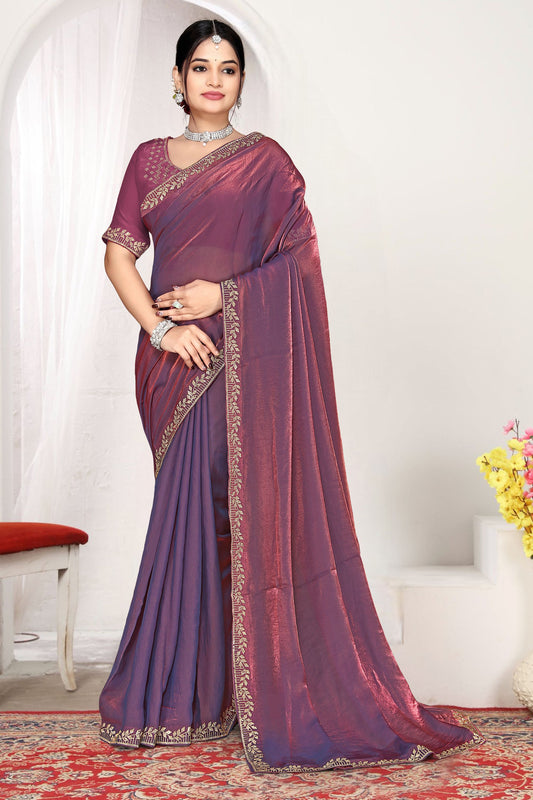  Wine Purple Silk Saree with Golden Zari Border Designer Saree