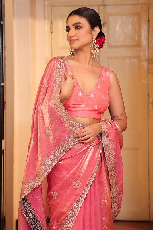 Designer Pink Silk Saree with Embroidered Border Matching Blouse