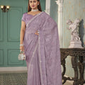 Designer Lavender Net Embroidered Saree with Matching Blouse for Wedding Party Wear