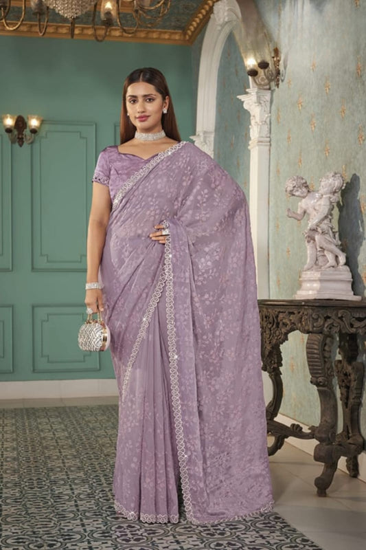 Designer Lavender Net Embroidered Saree with Matching Blouse for Wedding Party Wear