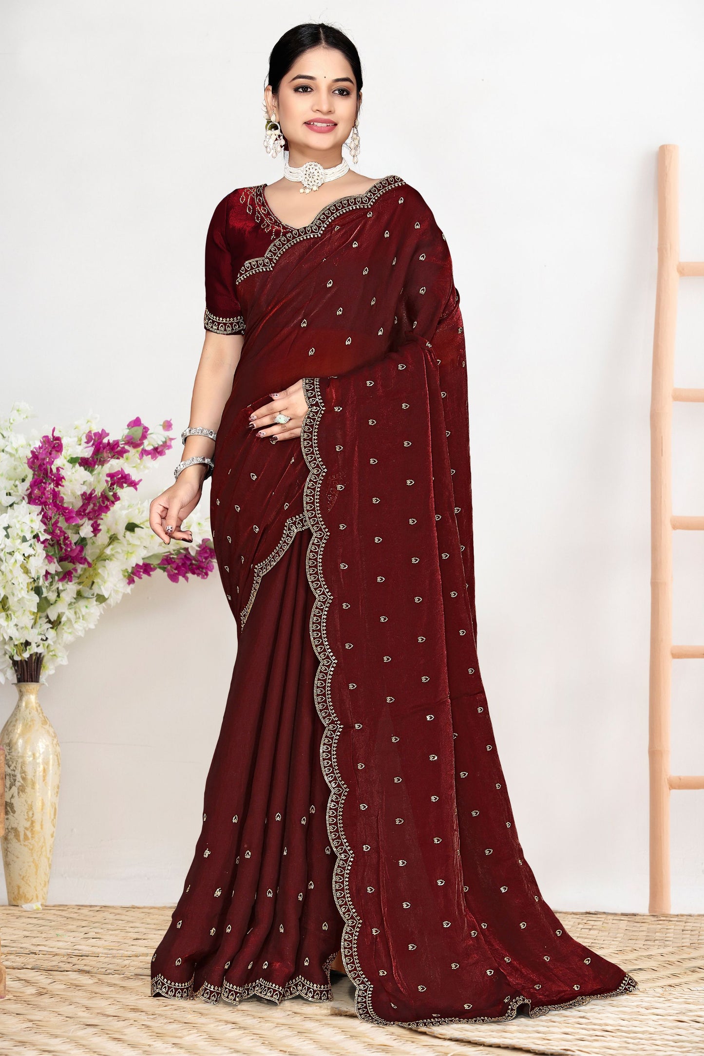 Elegant Maroon Silk Saree with Zari Embroidered Border