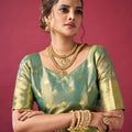 Mint Green Banarasi Silk Saree Golden Zari Woven Border Designer Blouse