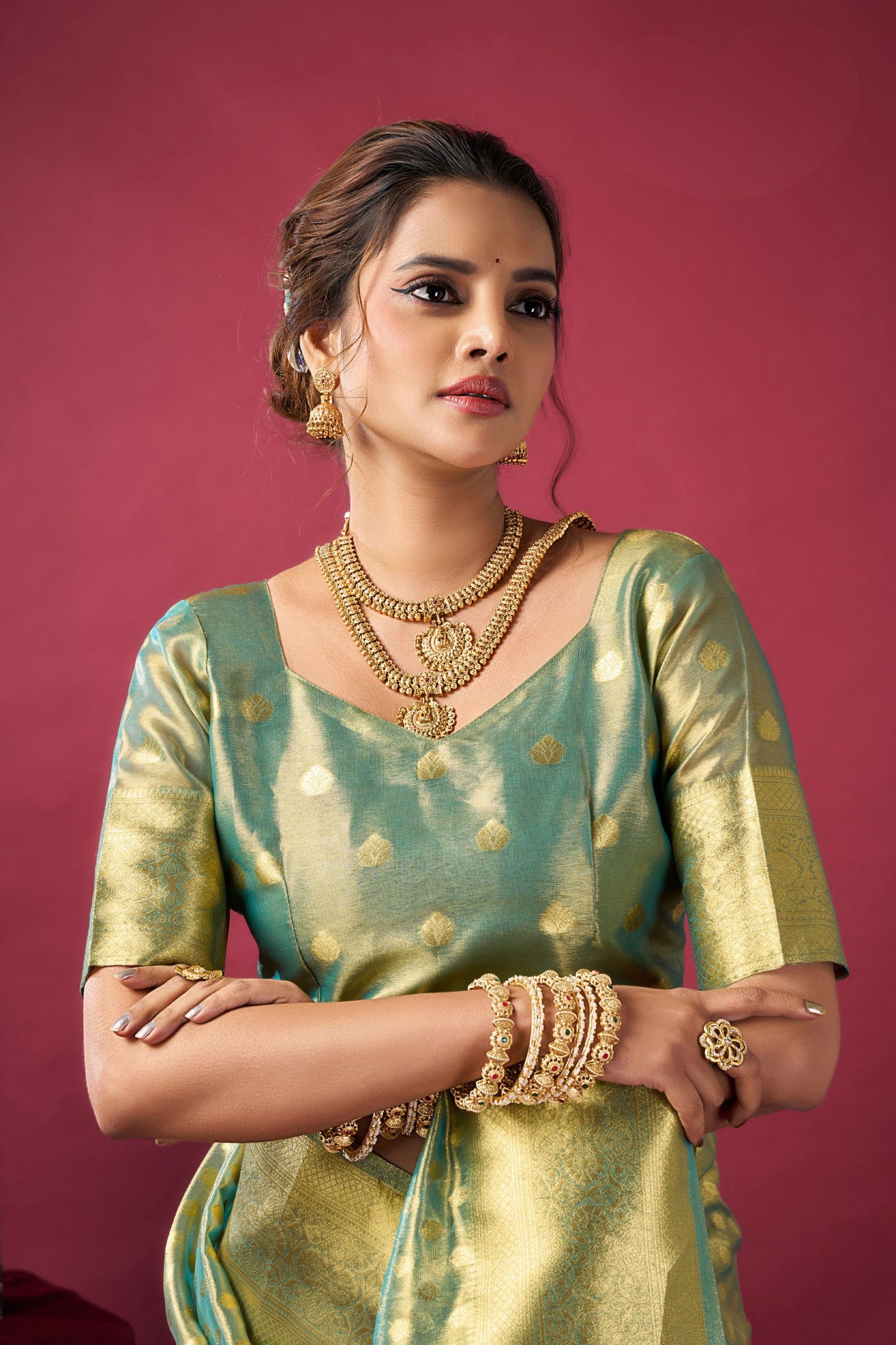 Mint Green Banarasi Silk Saree Golden Zari Woven Border Designer Blouse