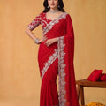 Royal Red Georgette Saree Heavy Sequins Embroidered Border Designer Blouse