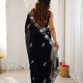 Designer Embroidered Black Satin Saree Party Wear
