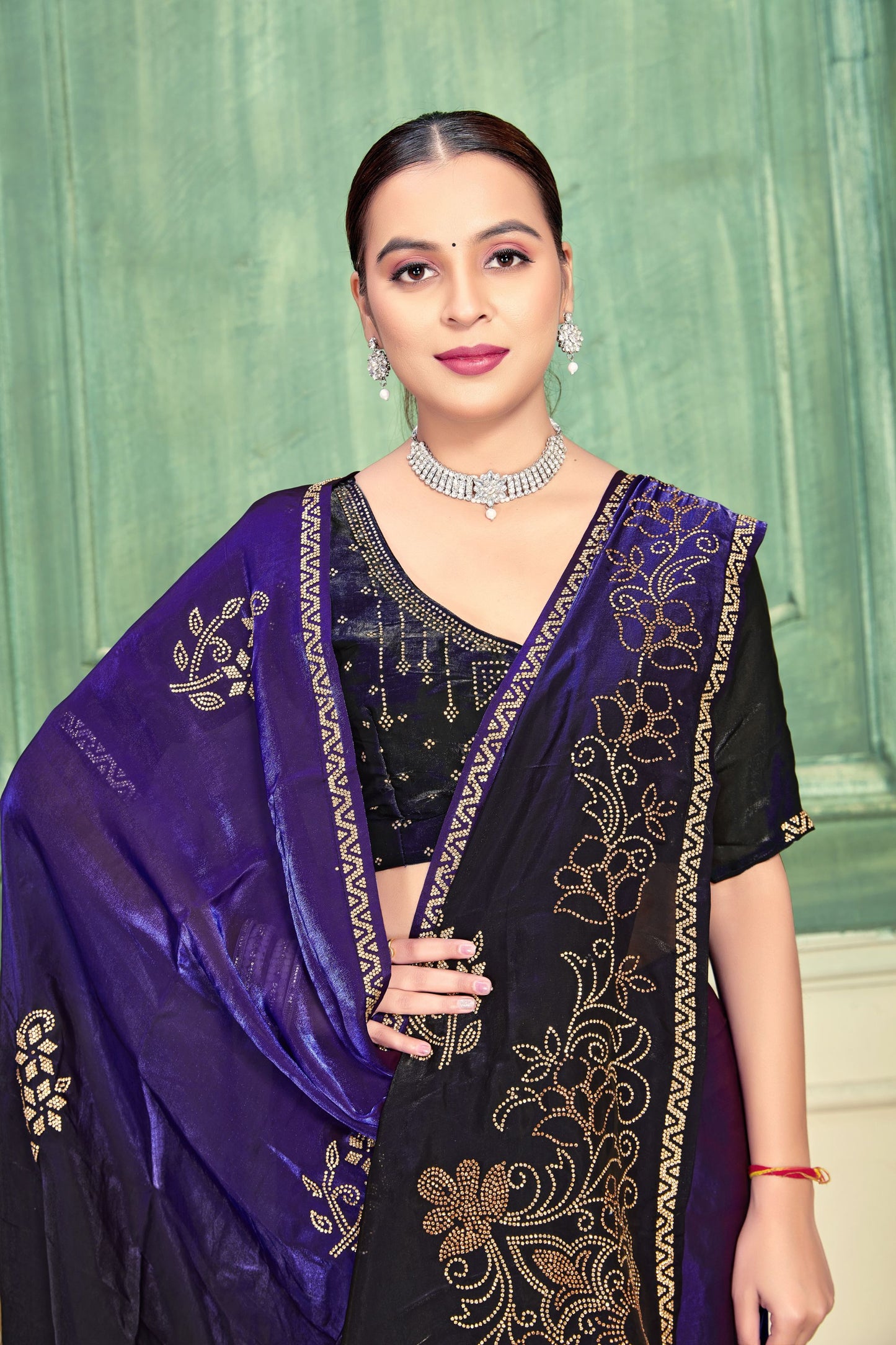 Purple Black Velvet Embroidered Saree with Designer Blouse