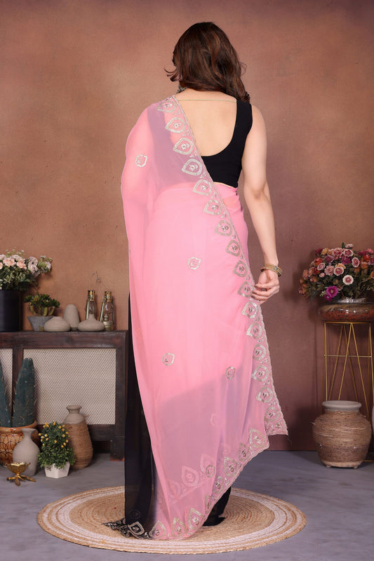 Pink and Black Georgette Saree with Embroidered Border Work