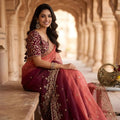 Wine Peach Ombre Embroidered Organza Saree with Zari Border