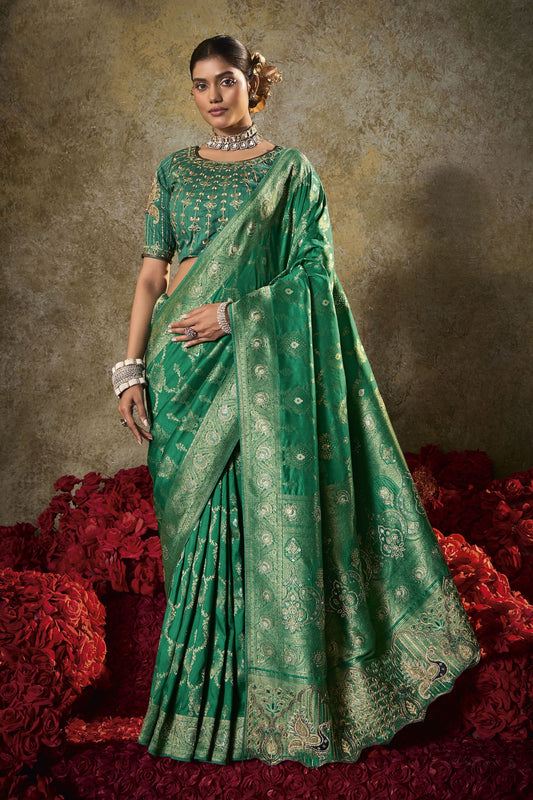 Royal Green Banarasi Silk Saree Heavy Zari Weaving Embroidered Blouse 