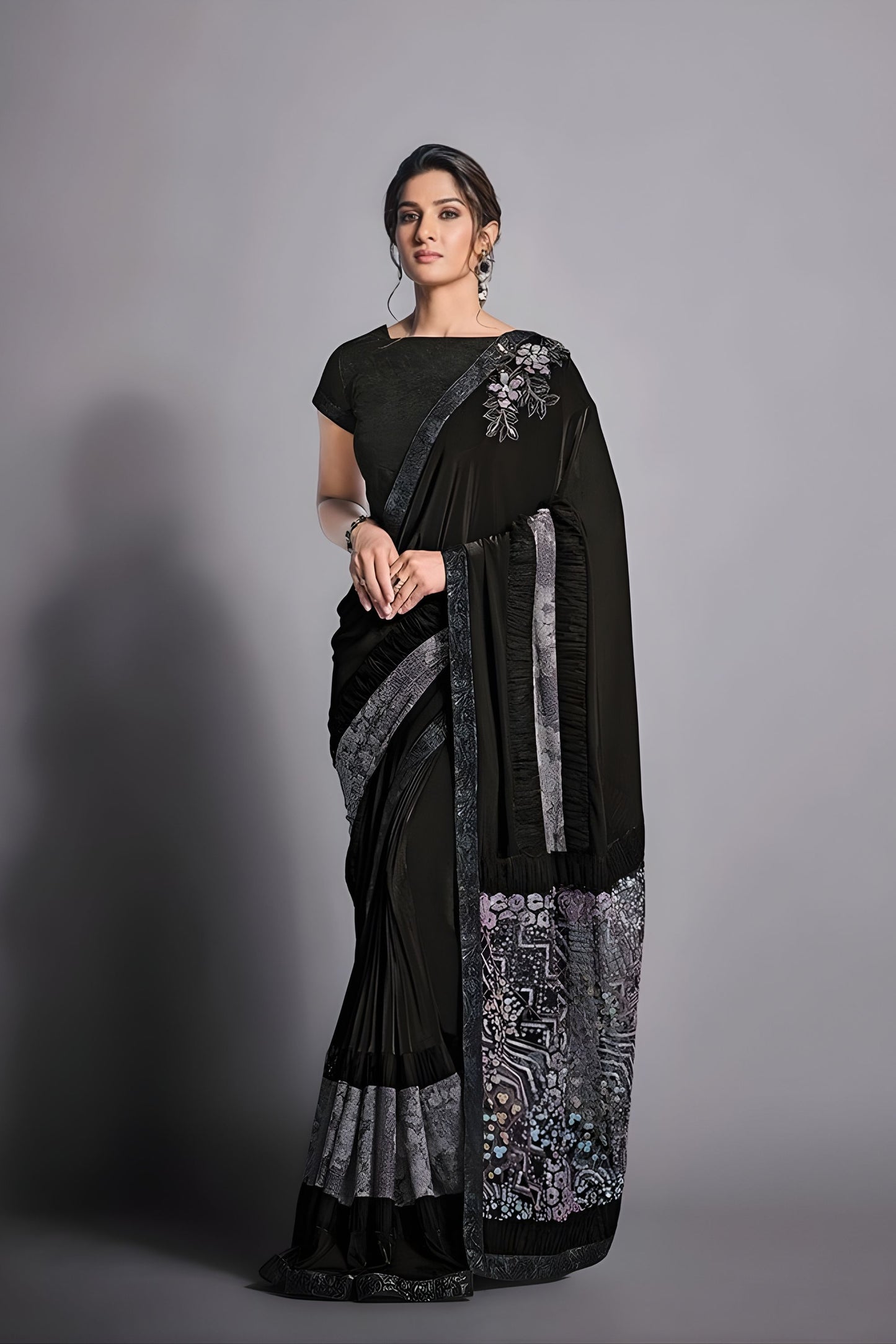 Black Designer Georgette Saree with Printed Border Party Wear 