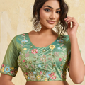 Sea Green Silk Saree with Floral Embroidered Border Designer Blouse