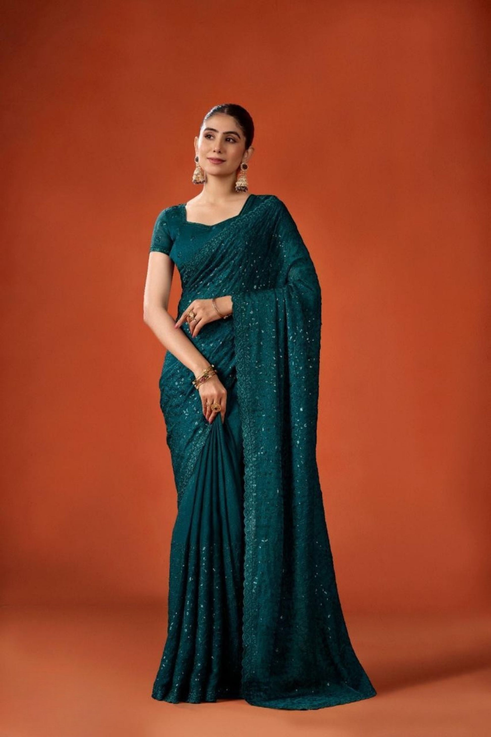 Teal Green Sequin Embroidered Saree with Blouse Party Wear Saree