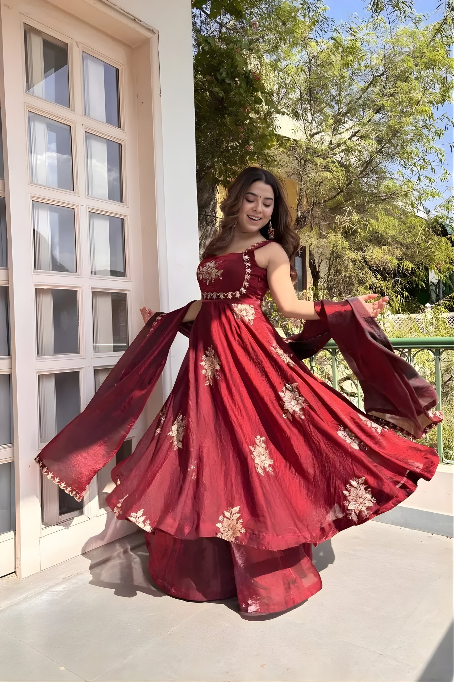 Elegant Wine Sequins Fendy Silk Readymade Palazzo Suit with Dupatta for Women