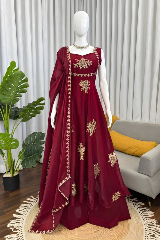 Elegant Wine Sequins Fendy Silk Readymade Palazzo Suit with Dupatta for Women