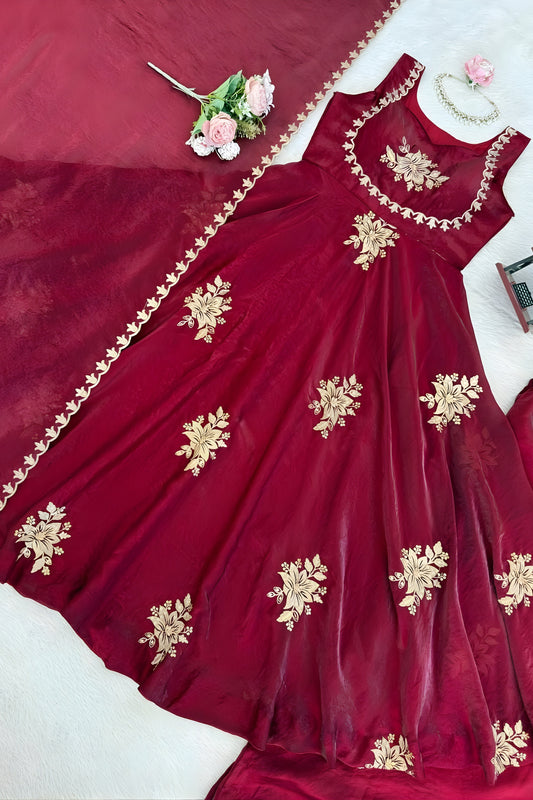 Elegant Wine Sequins Fendy Silk Readymade Palazzo Suit with Dupatta for Women