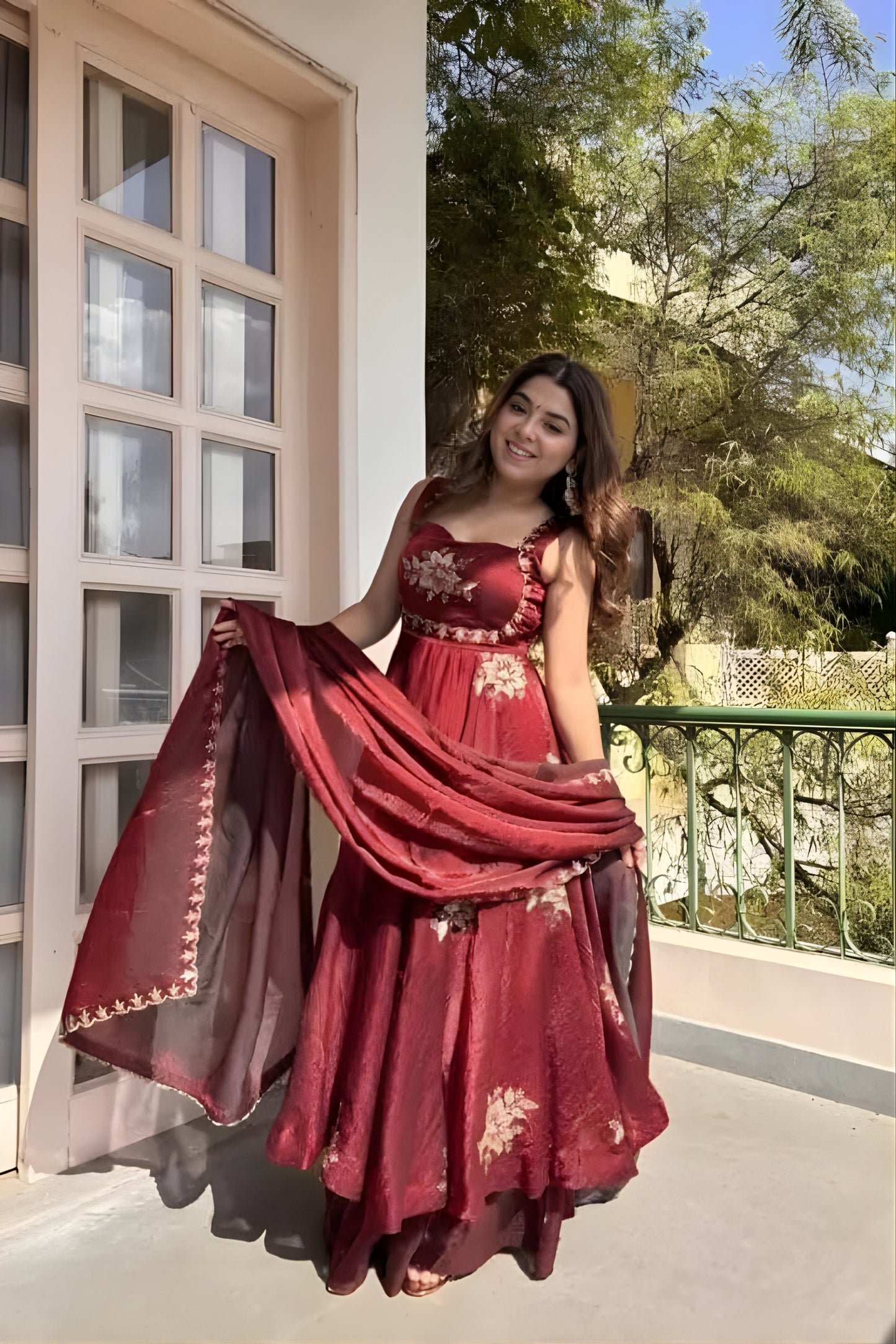 Elegant Wine Sequins Fendy Silk Readymade Palazzo Suit with Dupatta for Women