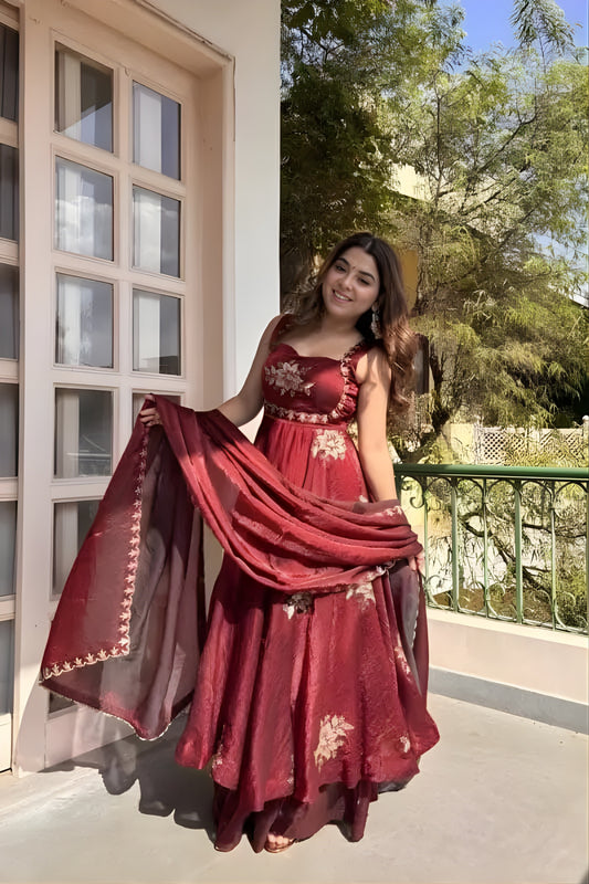 Elegant Wine Sequins Fendy Silk Readymade Palazzo Suit with Dupatta for Women