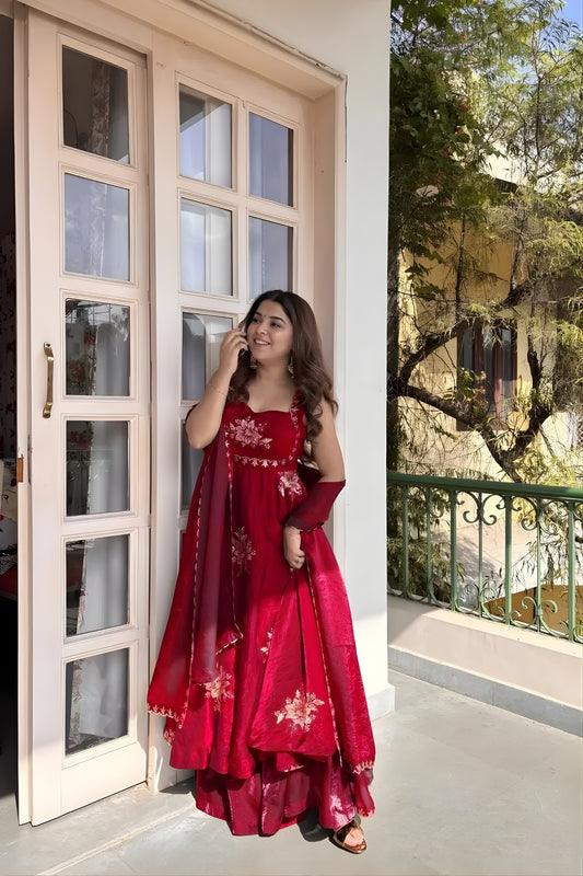 Stunning Red Sequins Fendy Silk Readymade Palazzo Suit with Dupatta for Women