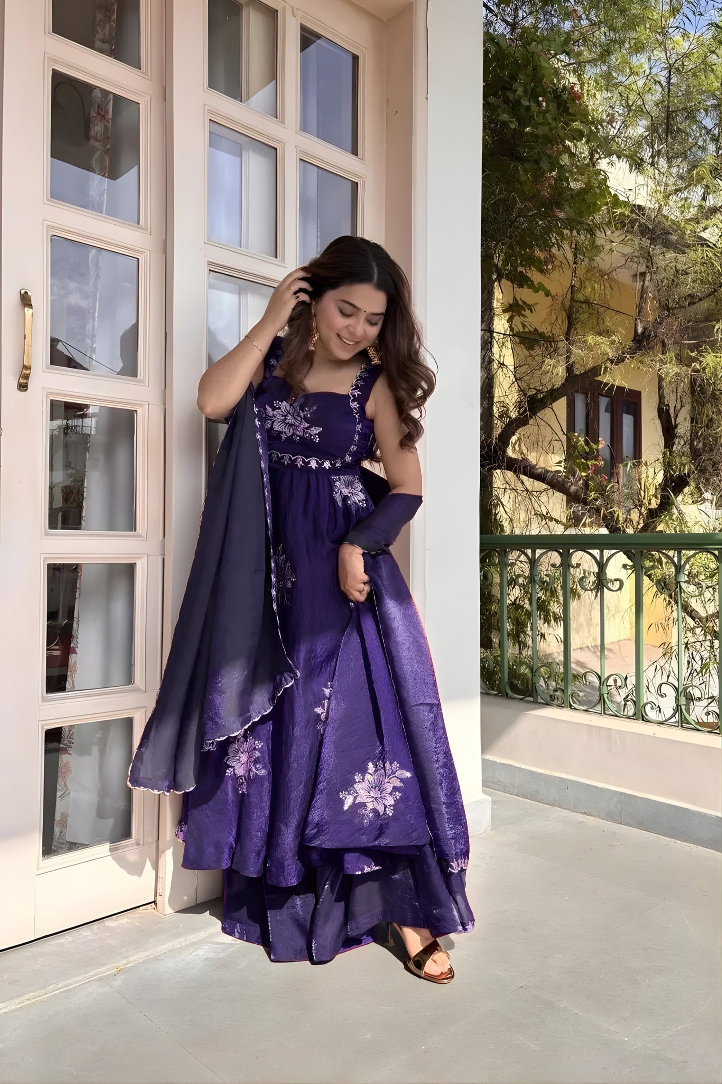 Stylish Purple Sequins Fendy Silk Readymade Palazzo Suit with Dupatta for Women