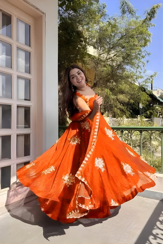 Vibrant Orange Sequins Fendy Silk Readymade Palazzo Suit with Dupatta for Women