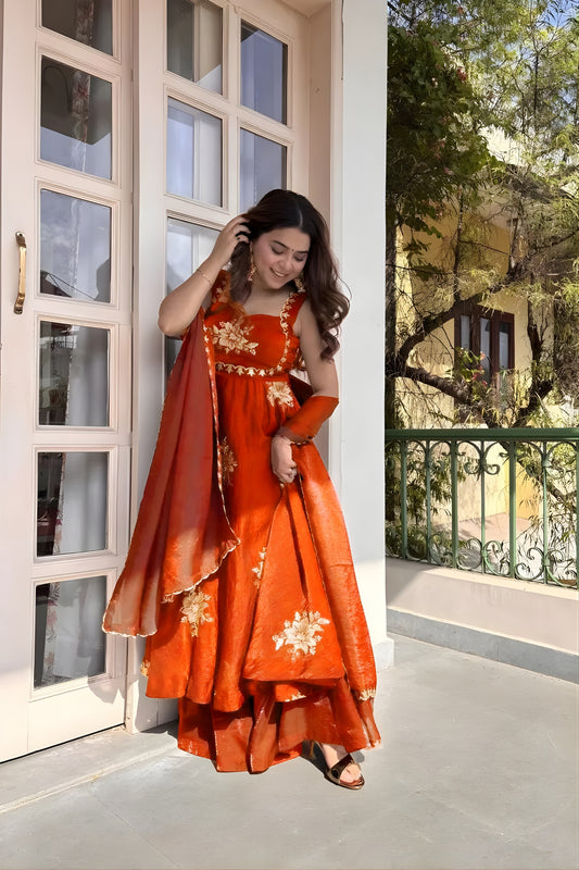 Vibrant Orange Sequins Fendy Silk Readymade Palazzo Suit with Dupatta for Women